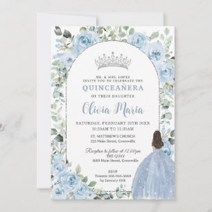 Convites Chic Baby Blue Floral Princesa Quinceañera Silver