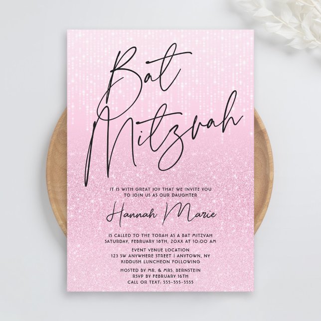 Convites Chic Bat Mitzvah Brilho Rosa (Criador carregado)
