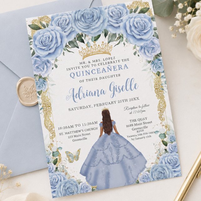 Convites Chic Bebê Flores Azuis Marrom Princesa Quinceañera (Criador carregado)