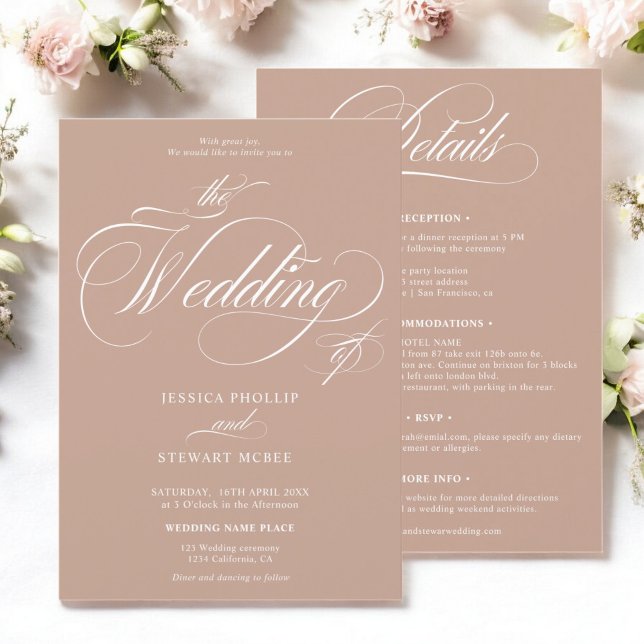 Convites Chic beige caramelo todo em um casamento de caligr (Chic beige caramel all in one calligraphy wedding invitation)