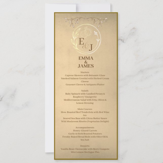 Convites Chic Beige Cream Watercolor, Monogram Wedding Menu (Frente)