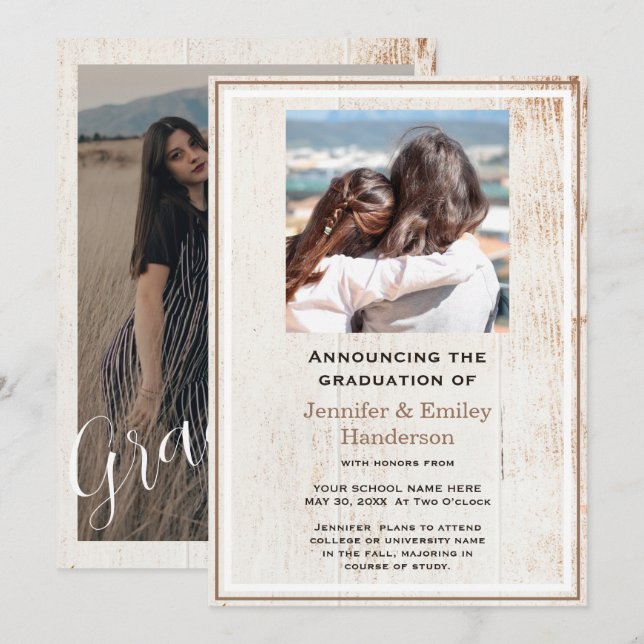 Convites Chic Beige photo double graduation Announcement (Frente/Verso)