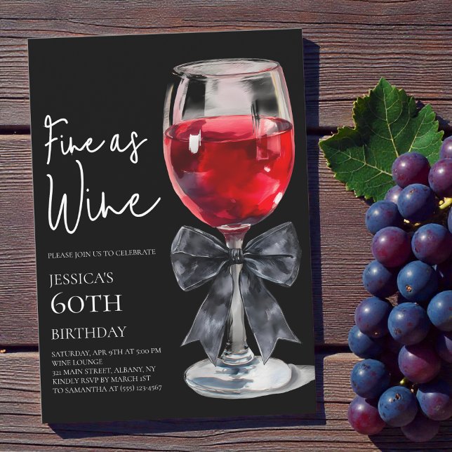 Convites Chic Black Bow Fine as Wine 60th Birthday Party (Chic Black Bow Fine as Wine 60th Birthday Party Invitation)