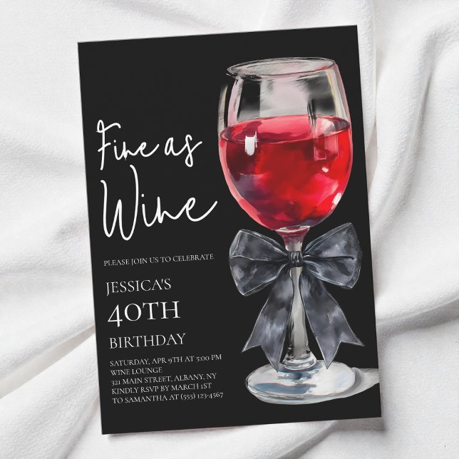 Convites Chic Black Bow Fine as Wine Festa de 40 Anos (Chic Black Bow Fine as Wine 40th Birthday Party Invitation)