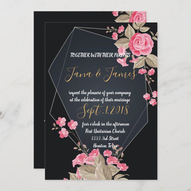 Convites Chic Black & Dourado Quadro geométrico (Frente/Verso)