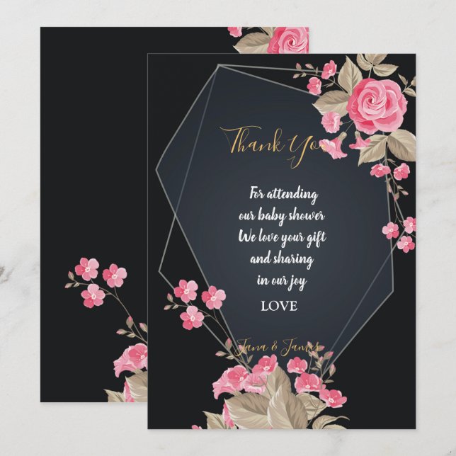 Convites Chic Black e Dourado quadro geométrico obrigado vo (Frente/Verso)