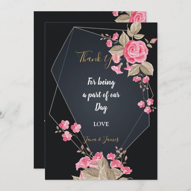 Convites Chic Black e Dourado quadro geométrico obrigado vo (Frente/Verso)