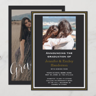 Convites Chic Black photo double graduation Announcement