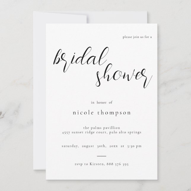 Convites Chic Black Script Bridal Shower Invitation Minimal (Frente)
