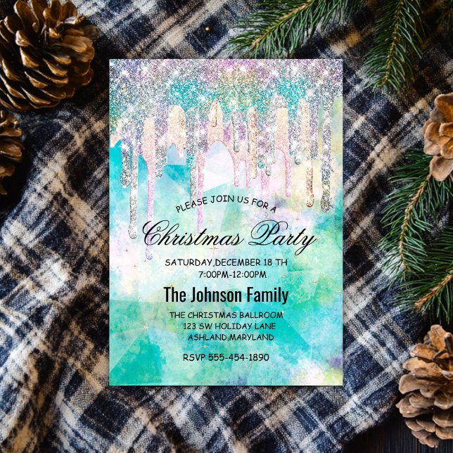 Convites Chic blue aqua unicorn gota a brilho Natal (Criador carregado)