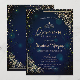 Convites Chic Blue Dourado Tiara, Diamantes Quinceañera
