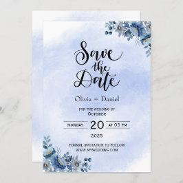 Convites Chic Blue Floral Wedding Save the Date