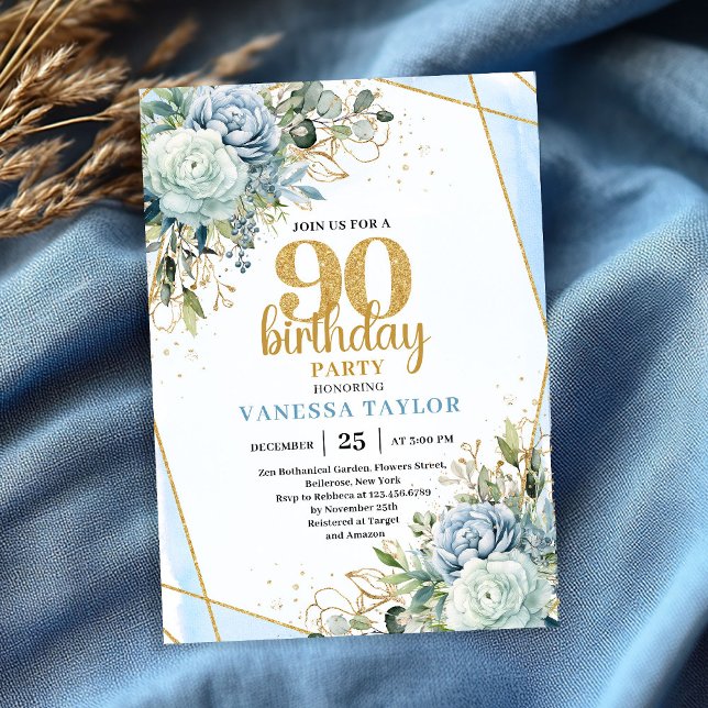 Convites Chic Blue Flowers Gold 90th Birthday Party Invite (Chic Blue Flowers Gold 90th Birthday Party Invite)