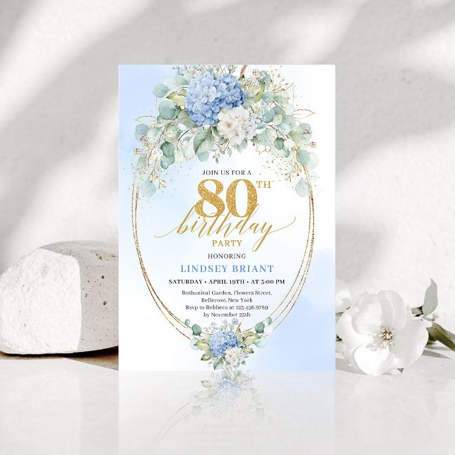 Convites Chic Blue Hydrangea Eucalyptus 80th Birthday Invit (Chic Blue Hydrangea Eucalyptus 80th Birthday Invitation)