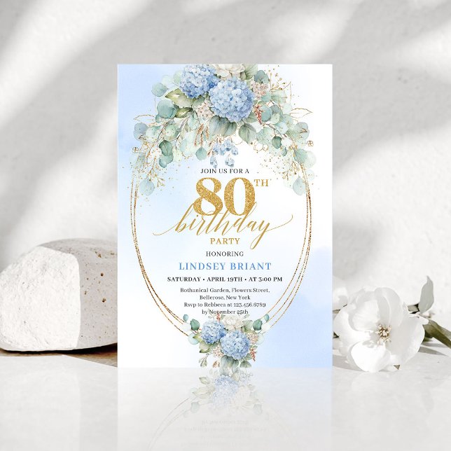 Convites Chic Blue Hydrangea Eucalyptus 80th Birthday Invit (Chic Blue Hydrangea Eucalyptus 80th Birthday Invite)