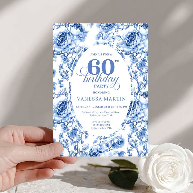 Convites Chic Blue Toile Roses 60th Birthday Invitation  (Chic Blue Toile Roses 60th Birthday Invitation Download

)