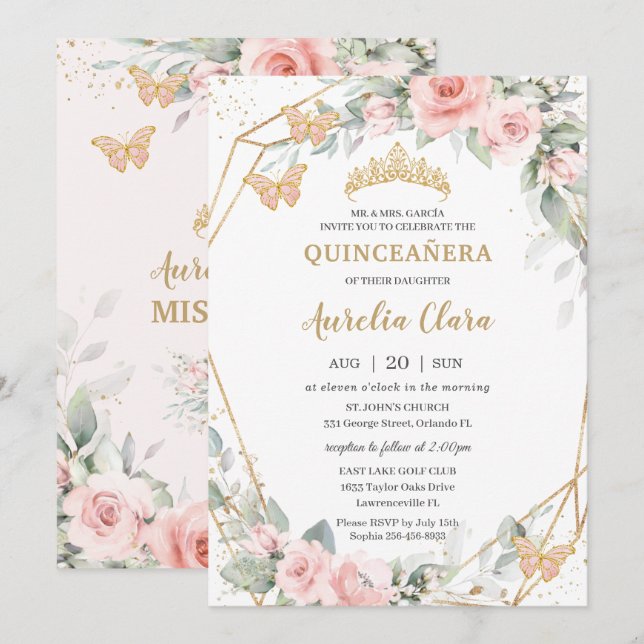 Convites Chic Blush Borboletas Florais Rosa Quinceañera (Frente/Verso)