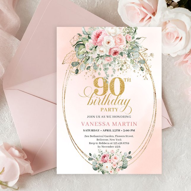 Convites Chic Blush Floral Greenery 90th Birthday Invite (Chic Blush Floral Greenery 90th Birthday Invitation)