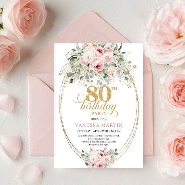 Convites Chic Blush Floral Greenery Gold 80th Birthday (Chic Blush Floral Greenery Gold 80th Birthday)