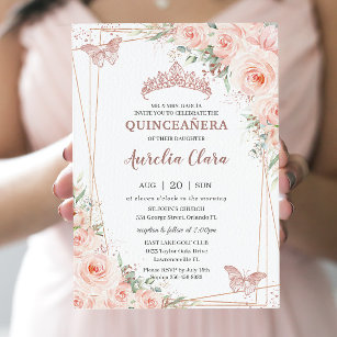 Convites Chic Blush Floral Rosa Dourada Borboleta Quinceañe