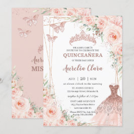 Convites Chic Blush Floral Rosa Dourada Gown Vestido Quinc