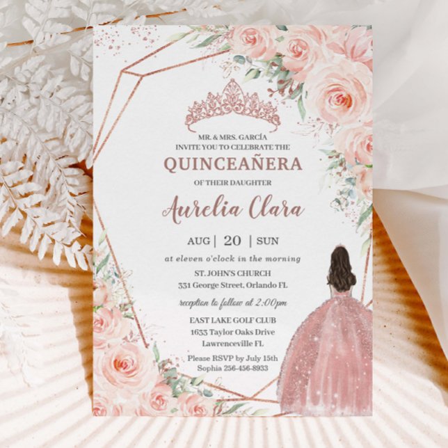 Convites Chic Blush Floral Rosa Dourado Quinceañera Princes (Criador carregado)