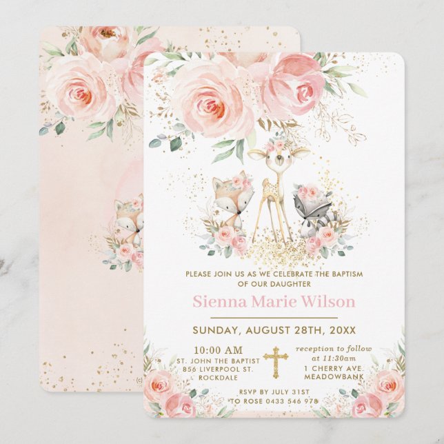 Convites Chic Blush Floral Woodland Baptism Christening (Frente/Verso)