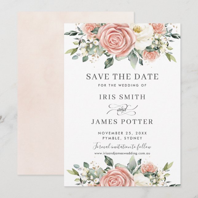 Convites Chic Blush Ivory Floral Weding the Date Card (Frente/Verso)