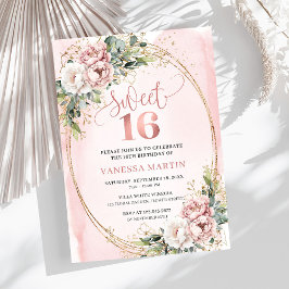 Convites Chic Blush Pink Floral Eucalyptus Sweet 16 Invite