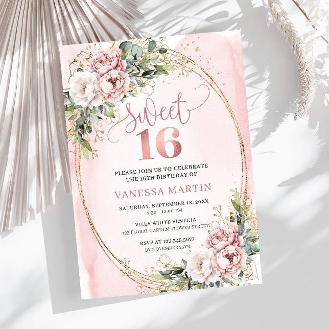 Convites Chic Blush Pink Floral Eucalyptus Sweet 16 Invite (Chic Blush Pink Floral Eucalyptus Sweet 16 Invitation)