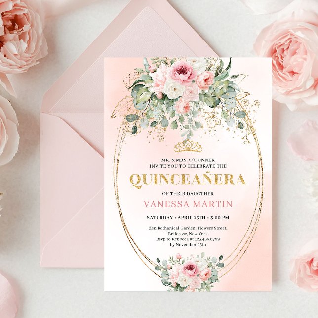 Convites Chic Blush Pink Floral Gold Quinceañera Boho Invit (Chic Blush Pink Floral Gold Quinceañera Boho Invite)