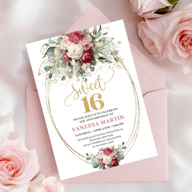 Convites Chic Blush Red Greenery Sweet Sixteen Birthday   (Chic Blush Red Greenery Sweet Sixteen Birthday Invite)