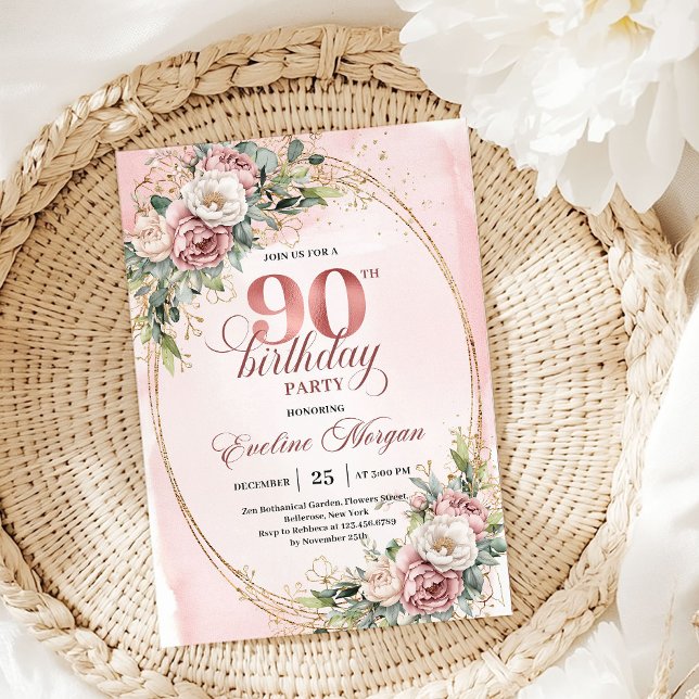 Convites Chic Blush Rosa Dourado Eucalipto 90º Aniversário  (Chic Blush Pink Gold Eucalyptus 90th Birthday Invite)