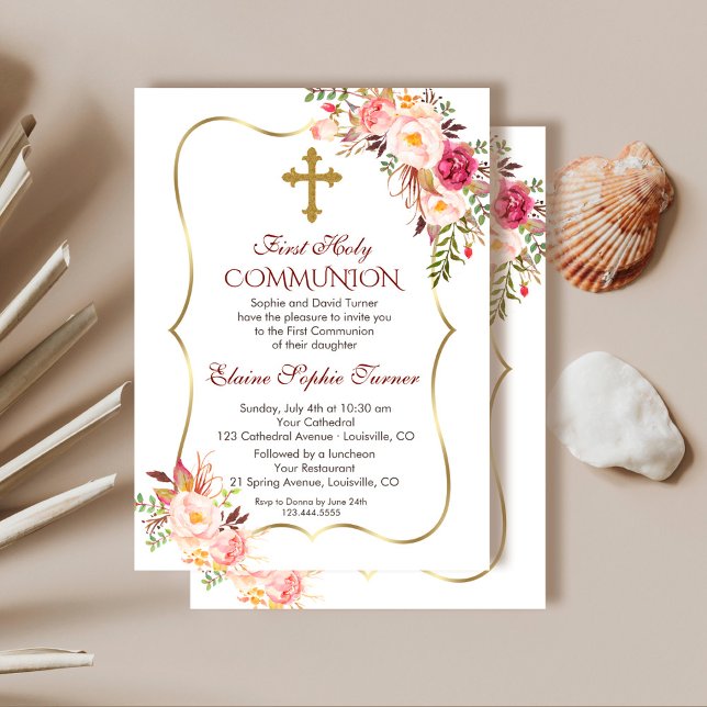 Convites Chic Blush Rosa Floral Dourado Primeira Comunhão S (floral gold holy communion invitation, trendy blush floral communion invitation, pink  communion)