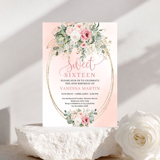 Convites Chic Blush Rosado Dourado Brilho 16º Aniversário (Chic Pretty Blush Rose Gold Glitter 16th Birthday Invitation)