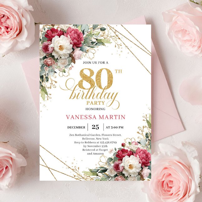 Convites Chic Blush White Gold 80th Birthday Invitation (Chic Blush White Gold 80th Birthday Invitation)