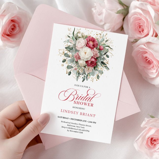 Convites Chic Boêmio Rosas Vermelhas Brancas Douradas Chá d (Chic Bohemian Red White Gold Roses Bridal Shower Invite

)