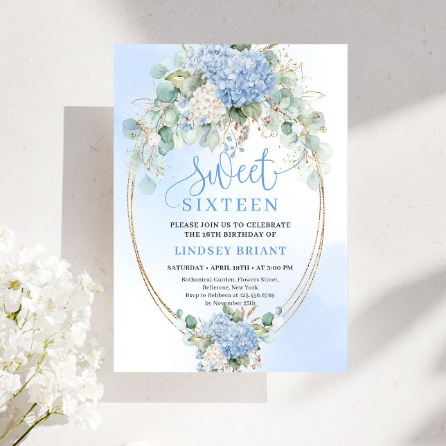 Convites Chic Bohemian Blue Floral Gold Sweet 16 Invite (Chic Bohemian Blue Floral Gold Sweet 16 Invite)