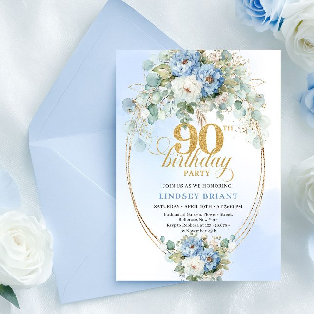 Convites Chic Bohemian Blue Flowers 90th Birthday Invite (Chic Bohemian Blue Flowers 90th Birthday Invite)