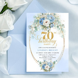 Convites Chic Bohemian Blue Flowers and Gold 70th Birthday
