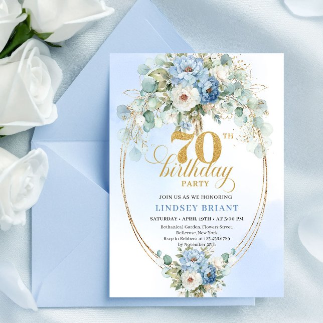 Convites Chic Bohemian Pastel Blue Peonies 70th Birthday  (Chic Bohemian Pastel Blue Peonies 70th Birthday Invite

)
