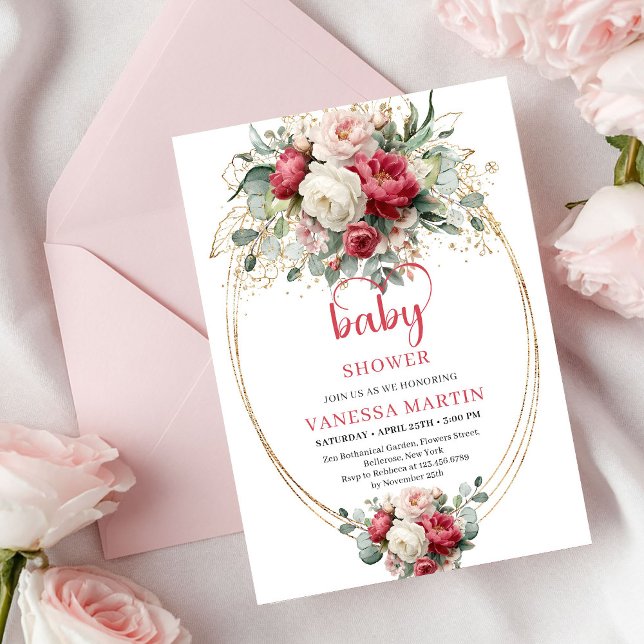 Convites Chic Bohemian Ruby Red White Gold Floral Baby (Chic Bohemian Ruby Red White Gold Floral Baby Invite)