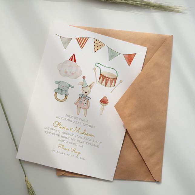 Convites Chic Boho Aguarela Cogumelo & Brinquedos Baby Show (Criador carregado)
