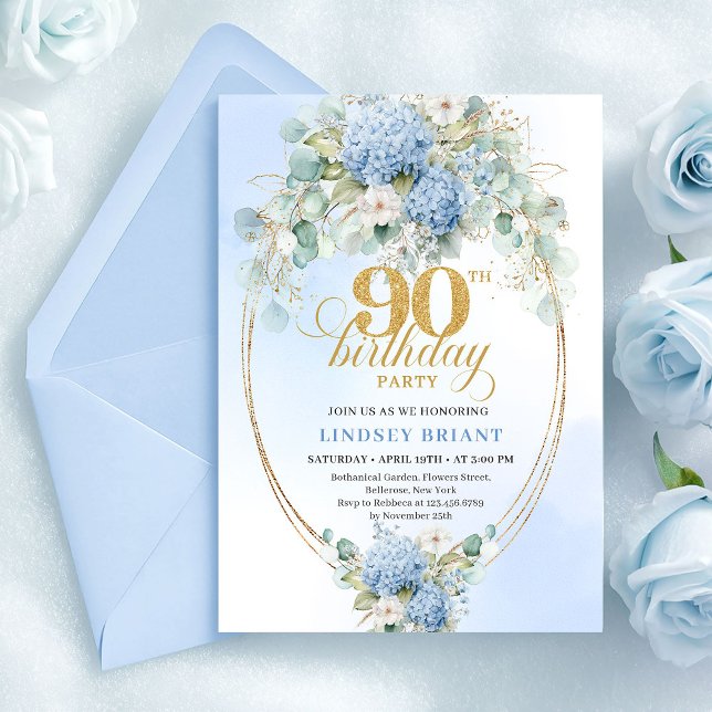 Convites Chic Boho Azul Hydrangea Floral Dourado Aniversári (Chic Blue Hydrangea Floral Gold 90th Birthday Invite)