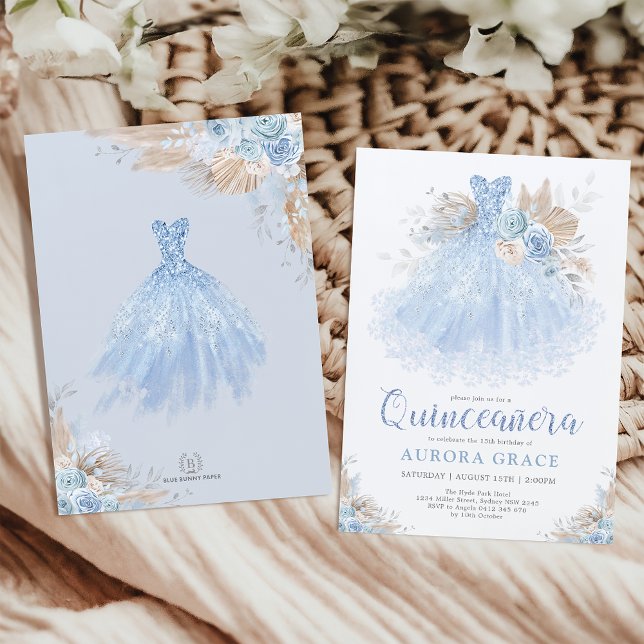 Convites Chic Boho Blue Silver Quinceañera Princesa Vestida (Criador carregado)