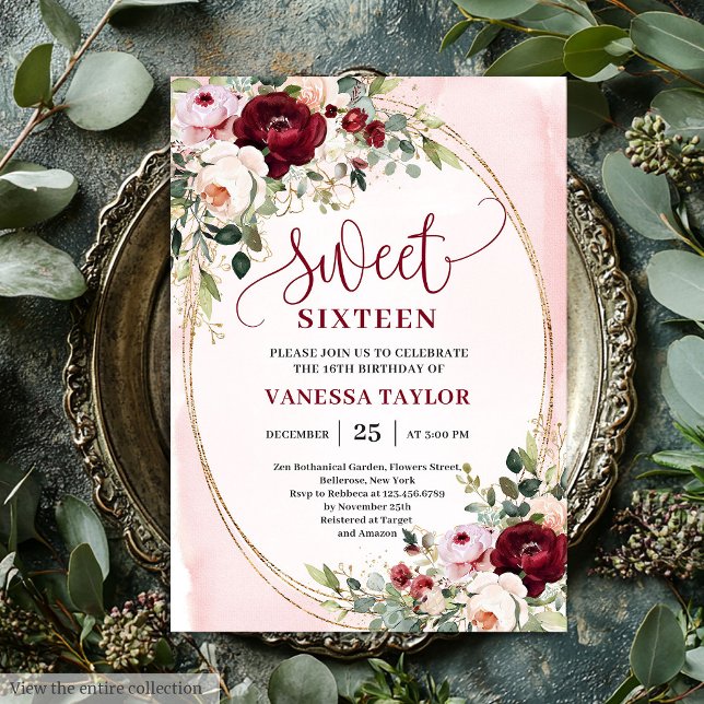 Convites Chic Boho Blush Burgundy Rose Sweet 16 Invitation (Chic Blush Burgundy Rose Sweet 16 Invitation)