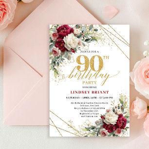 Convites Chic Boho Borgonha Rosa Floral Dourado Aniversário