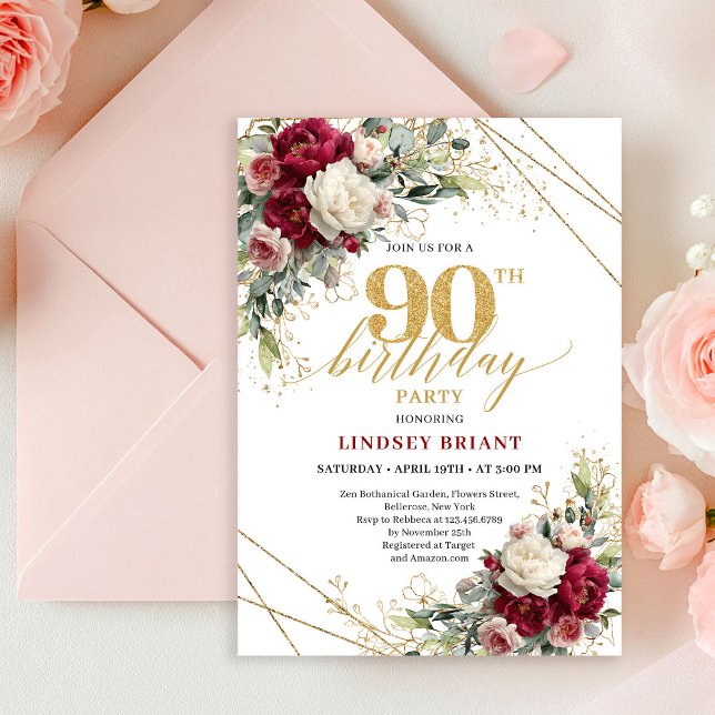 Convites Chic Boho Borgonha Rosa Floral Dourado Aniversário (Chic Burgundy Blush Floral Gold 90th Birthday Invite)