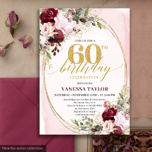 Convites Chic Boho Borgonha Rubor Floral 60º Aniversário