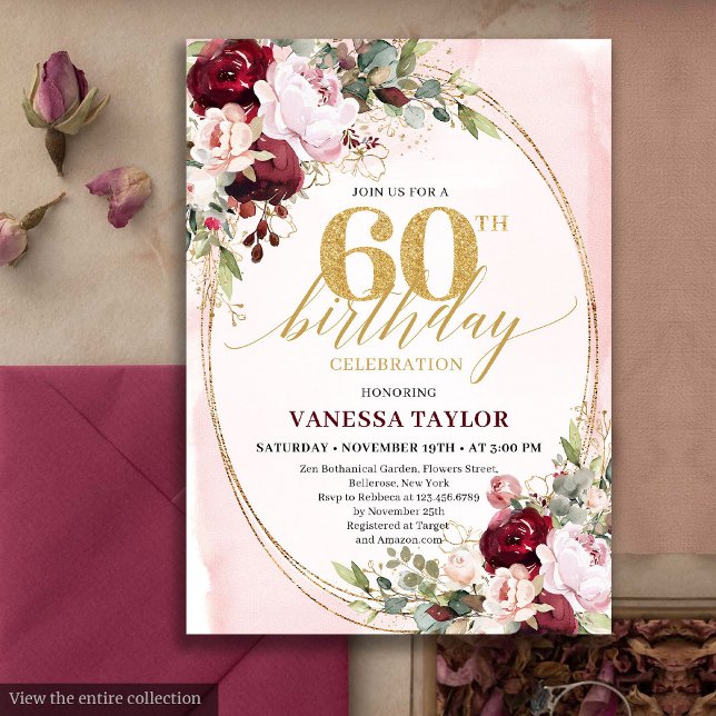 Convites Chic Boho Borgonha Rubor Floral 60º Aniversário (Chic Boho Burgundy Blush Floral 60th Birthday)